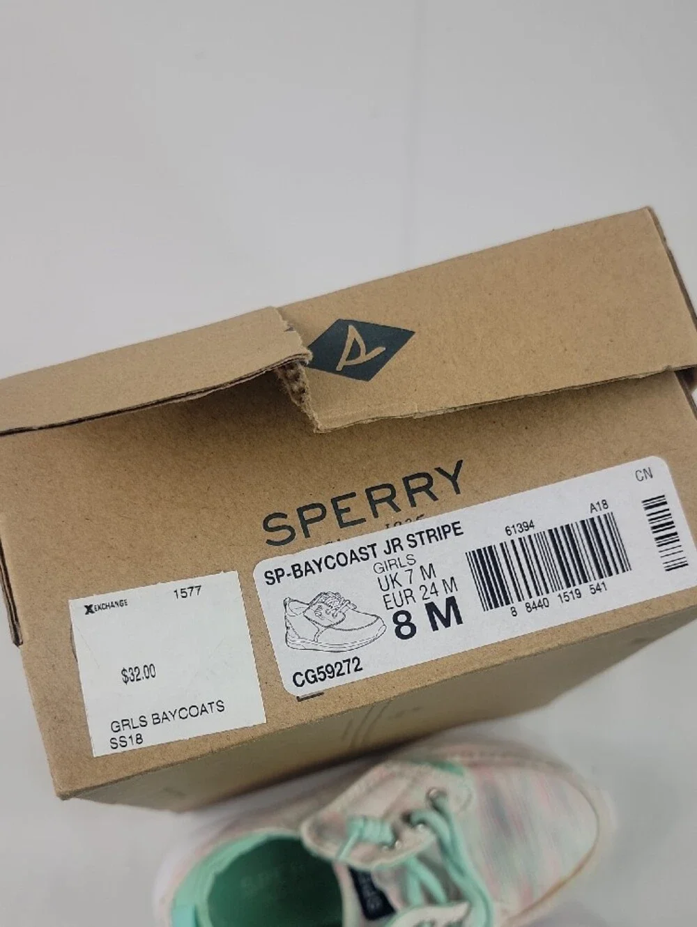Sperry Kids Lace-Up Sneakers in Mint and Light Pink Baycoast Jr Stripe 8m